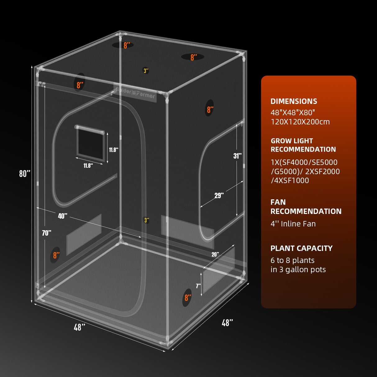Spider Farmer 120x120x200 cm Indoor Grow Tent, 1680D highly reflective grow tent