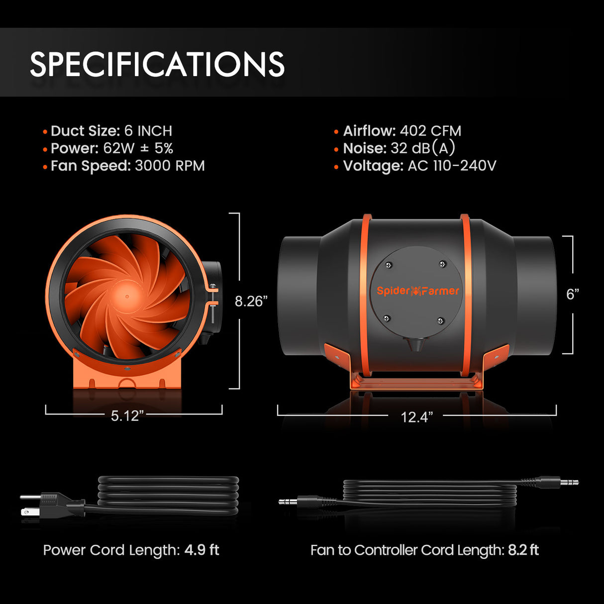 Spider Farmer 6-Zoll Inline-Lüfter mit Luft-Kohlefilter und Lüftungs-Ducting-Kombination sowie Geschwindigkeitsregler