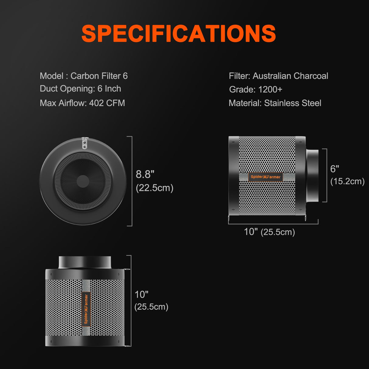 Spider Farmer 6-Zoll Inline-Lüfter mit Luft-Kohlefilter und Lüftungs-Ducting-Kombination sowie Geschwindigkeitsregler