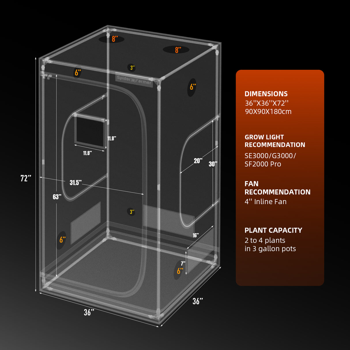 Spider Farmer® 90x90x180cm Indoor Grow Tent – ​​1680D High Reflective Grow Box